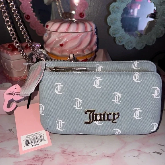 Juicy Couture Light Blue Denim Logo Dual-Zip Pouch - Picture 2 of 8